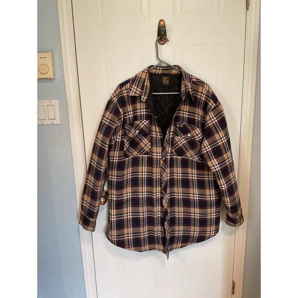 Klimbers Flannel Shirt Jacket Mens L Tan Excellent Quilted Plaid Snap Front